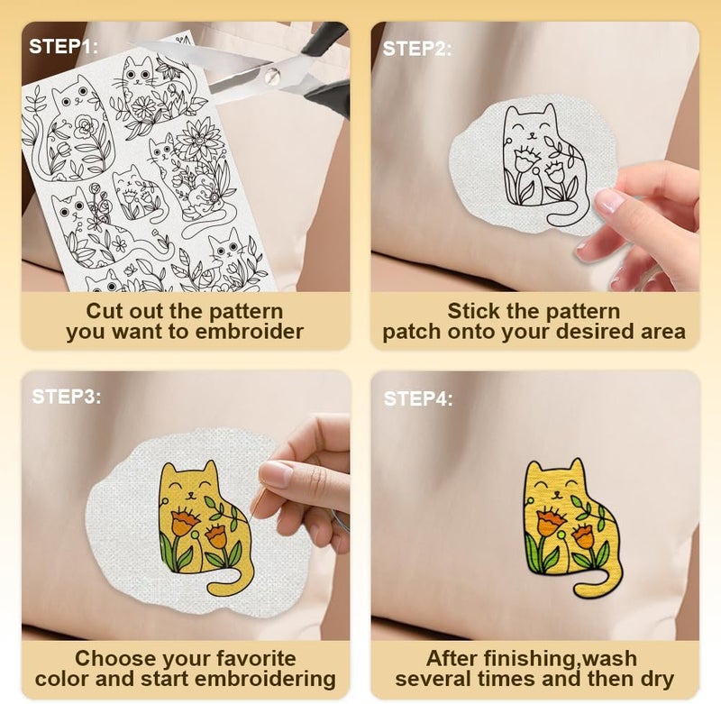 DOODLREAM 20Pcs Cat Playing in Flowers Embroidery Pattern Stabilizer, 8.3"x11.7"Cartoon Kitten Water Soluble Stick and Stitch Embroidery Sticker, 4 Sheets Hand Sewing DIY Embroidery Paper - Image 4